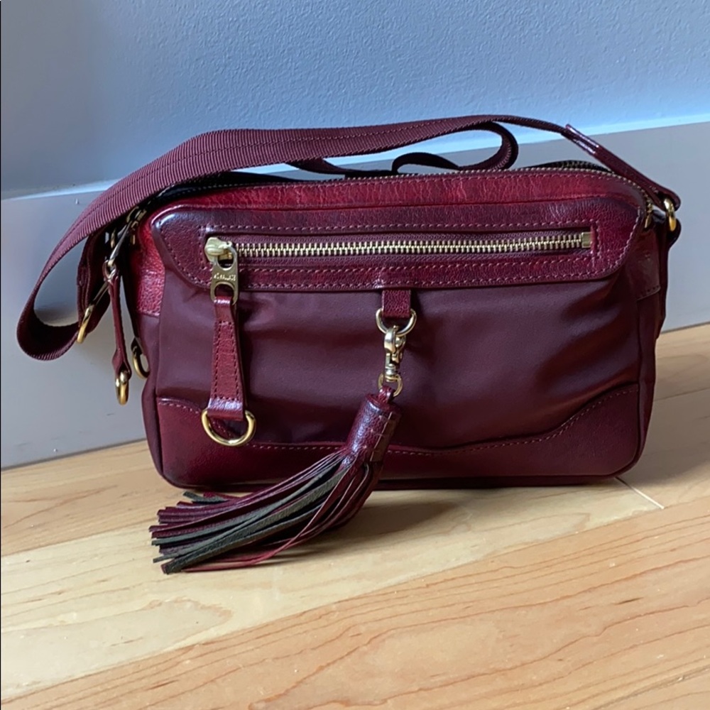 MZ Wallace Red Nylon Leather Trim Crossbody Gold